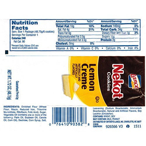 Lance Nekot Cookies Variety Flavors Peanut Butter & Lemon Creme (60 / 1.72-Ounce 6-Cookies Packs - 40 packs of Peanut Butter & 20 packs of Lemon Creme)